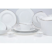 Elegancki serwis obiadowy Ćmielów 9893 HAPPA Platyna dla 12 osób. Białe, porcelanowe naczynia o nowoczesnym kształcie z delikatnym, platynowym wykończeniem