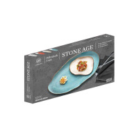 Półmisek Lubiana Stone Age Morski o wymiarach 380x210x38mm w opakowaniu. Niebieskie naczynie o nieregularnym kształcie z białą wstawką, prezentowane na pudełku.