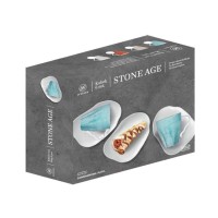 Zestaw 6 kubków Lubiana Stone Age w kolorze morskim o pojemności 350 ml. Opakowanie prezentuje nowoczesne naczynia o kamiennej teksturze oraz talerzyki z