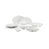 Elegancki serwis obiadowy Ćmielów Bolero dla 12 osób. Biała porcelana z delikatnym złotym zdobieniem na brzegach, obejmująca wazę, sosjerkę, talerze i miseczki.