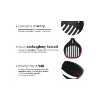 Zestawienie trzech zbliżeń czarnego podbieraka Zwieger Obsidian: otwory do odsączania tłuszczu, duży zaokrąglony kształt oraz ząbkowany profil do dzielenia