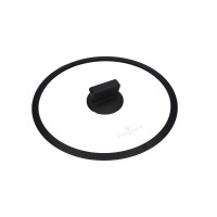 Szklana pokrywka Zwieger o średnicy 28 cm z czarnym rantem i ergonomicznym uchwytem. Widok z góry na przezroczyste szkło z logo marki Zwieger haus & küche.