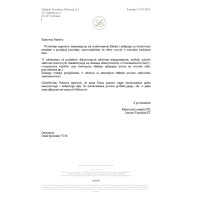 Oficjalne pismo firmy Zakłady Porcelany Stołowej Lubiana z 17.09.2020 r. dotyczące specyfiki produktów z kolorowym szkliwem, zawierające logo marki i podpisy.