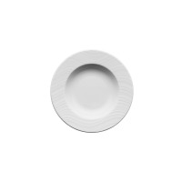 Biały talerz głęboki River marki Lubiana o średnicy 22,5 cm. Naczynie z porcelany z subtelnym, falistym wzorem na szerokim kołnierzu, widok z góry.