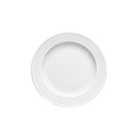 Biały talerz płytki Roma-Eto Hotel marki Lubiana o średnicy 30,5 cm. Naczynie z porcelany z charakterystycznym, żłobkowanym wzorem na szerokim rancie, widok z