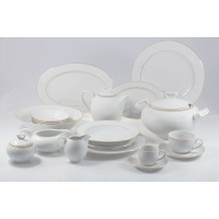 Serwis obiadowo-kawowy Chodzież 3604 YVONNE dla 12 osób. Biała porcelana ze złotym obrzeżem: talerze, waza, imbryk, filiżanki i naczynia do serwowania na