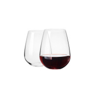 Dwa szklane kieliszki do wina bez nóżki DUET marki Krosno Glass. Jeden kieliszek jest pusty, drugi wypełniony czerwonym winem, ukazane na białym tle.
