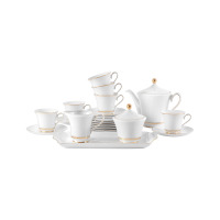 Elegancki zestaw obiadowy dla 6 osób Ćmielów Margaret G667. Biała porcelana ze złotym paskiem, obejmująca dzbanek, cukiernicę, mlecznik i filiżanki na