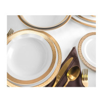 Zestaw obiadowy Ćmielów G666 MARGARET Złota. Biała porcelana z eleganckim, ażurowym złotym zdobieniem na brzegach, złote sztućce z napisem Amefa na brązowej