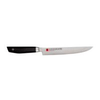 Nóż wąski kuty Kasumi VG10 o długości 20 cm z czarną rękojeścią. Na ostrzu nadruk: KASUMI VG-10 PRO, VG-10 SOLID SUPER STAINLESS STEEL-HIGH CARBON, MADE IN
