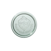 Szklana pokrywka do słoików Weck o średnicy 120 mm. Przezroczyste wieczko z wytłoczonym logo truskawki oraz napisem WECK Rundrand-Glas 120 na gładkiej