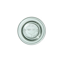 Szklana pokrywka Weck 40 mm do słoików, widok z góry. Przezroczyste szkło z wytłoczonym logo truskawki, napisem WECK oraz Rundrand-Glas 40 na środku wieczka.