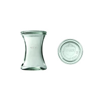 Szklany słoik Weck Deli o pojemności 370 ml z charakterystycznym wcięciem w talii oraz dopasowana szklana pokrywka z logo truskawki i napisem Rundrand-Glas 80.