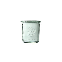 Przezroczysty szklany słoik Weck Mini-Sturz o pojemności 140 ml z charakterystycznym wytłoczonym logo truskawki i napisem WECK na froncie, widok na wprost.