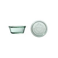 Szklany słoik Weck Mold 300 ml z przezroczystą pokrywką. Widok z boku oraz z góry na wieczko z wytłoczonym logo truskawki, napisem WECK oraz Rundrand-Glas 120.