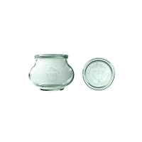 Szklany słoik Weck Schmuck o pojemności 1062 ml z charakterystycznym logo truskawki oraz dopasowana szklana pokrywka z napisem Rundrand-Glas 100 widoczne z