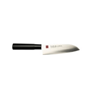 Nóż Santoku Kasumi Tora o długości 16,5 cm z ostrzem ze stali molibdenowo-wanadowej i czarną rękojeścią. Widoczne logo Kasumi Tora oraz japońskie znaki na
