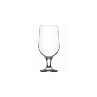 Przezroczysta szklanka na nodze LAV Belek o pojemności 375 ml. Eleganckie naczynie z gładkiego szkła o klasycznym, zaokrąglonym kształcie, widok z przodu.