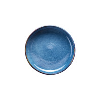 Misa Verlo DEEP BLUE o średnicy 29,5 cm. Okrągłe naczynie z kamionki w odcieniach głębokiego błękitu z ciemniejszymi przetarciami i brązowym rantem, widok z