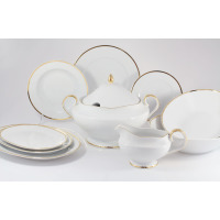 Serwis obiadowy Ćmielów G067 ASTRA Złota Wstęga dla 6 osób. Biała porcelana ze złotym zdobieniem, obejmująca wazę, sosjerkę, głębokie i płaskie talerze.