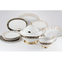 Serwis obiadowy Ćmielów G339 ASTRA Ellada dla 6 osób. Biała porcelana ze złotym i czarnym greckim wzorem, w tym waza, sosjerka, talerze i półmiski na białym
