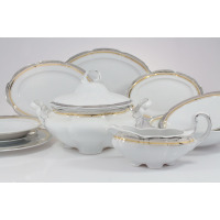Elegancki serwis obiadowy Ćmielów E551 Bolero Princess dla 6 osób. Biała porcelana z subtelnym złotym i srebrnym zdobieniem na krawędziach, waza oraz sosjerka.