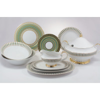 Serwis obiadowy Ćmielów G413 ASTRA India dla 6 osób. Zestaw 25 części z białej porcelany ze złotym i zielonym geometrycznym wzorem, obejmujący talerze, wazę i