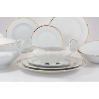 Serwis obiadowy Ćmielów E337 Bolero Pas Złota dla 6 osób. Biała porcelana z delikatnym złotym zdobieniem na brzegach, obejmująca wazę, sosjerkę i talerze.