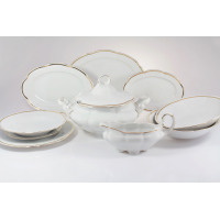 Elegancki serwis obiadowy Ćmielów Bolero E337 dla 6 osób. Biała porcelana z subtelnym złotym paskiem, obejmująca wazę, sosjerkę, półmiski oraz talerze w