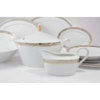 Elegancki serwis obiadowy Ćmielów G626 JENNY dla 6 osób. Biała porcelana z subtelnym szaro-złotym zdobieniem, w składzie waza z pokrywką i sosjerka na