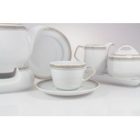 Zestaw do herbaty Ćmielów 8051 Pułaski Grecka droga. Biała porcelana z eleganckim geometrycznym wzorem w kolorze złota i szarości, widoczna filiżanka ze