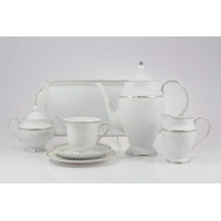 Zestaw do kawy Ćmielów B601 Astra Marzenie platynowe dla 6 osób. Biała porcelana z platynowym zdobieniem, obejmująca dzbanek, cukiernicę, mlecznik, filiżankę i