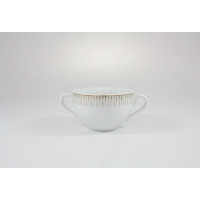 Biała bulionówka 0,35 l z serii G682 Yvonne Złoty Miraż marki Chodzież. Porcelanowe naczynie z dwoma uszkami zdobione eleganckim, geometrycznym wzorem w