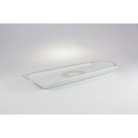 Prostokątna tacka Chodzież G682 Yvonne Złoty Miraż o długości 36 cm. Biała porcelana z delikatnym złotym zdobieniem w formie okręgu i geometrycznego obrzeża.