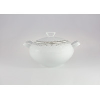 Biała porcelanowa waza Chodzież G682 Yvonne Złoty Miraż o pojemności 3 litrów. Naczynie z pokrywką zdobi elegancki, geometryczny wzór w odcieniu złota.