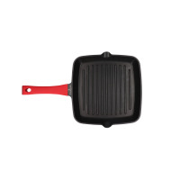 Patelnia grillowa Zwieger Obsidian 28 cm z kwadratową, czarną powierzchnią z rowkami i charakterystycznym czerwonym uchwytem z logo marki, widok z góry na