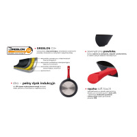 Patelnia Zwieger Obsidian 28 cm z powłoką Greblon C3+, widok przekroju warstw, spód z dyskiem indukcyjnym oraz ergonomiczna rączka soft touch w kolorze