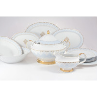 Serwis obiadowy Ćmielów ASTRA Królewski błękit dla 6 osób. Porcelanowa waza, sosjerka i talerze z eleganckim niebieskim wzorem oraz złotymi zdobieniami na