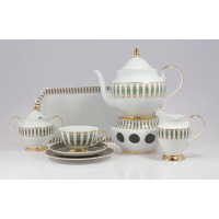 Zestaw do herbaty Ćmielów G413 Astra India dla 6 osób. Biała porcelana ze złotym wykończeniem i zielono-złotym wzorem, obejmująca czajnik na podgrzewaczu