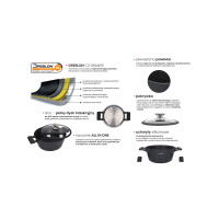 Brytfanna Zwieger Black Stone 32 cm z powłoką Greblon C3 Granite, szklaną pokrywką, silikonowymi uchwytami i pełnym dyskiem indukcyjnym. Infografika techniczna.