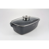 Brytfanna z pokrywką 32 cm Zwieger Black Stone w kolorze ciemnoszarym z nakrapianą teksturą. Naczynie z hartowanego szkła z metalowym uchwytem, widok z ukosa.