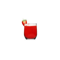 Szklanka niska LAV o pojemności 300 ml wypełniona czerwonym napojem z pianką i dekoracją z połówki świeżej truskawki na krawędzi, widok z profilu na białym tle.
