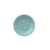 Spodek do filiżanki 250 ml Sofia LB05 marki Ćmielów w kolorze zielonym. Okrągłe naczynie z porcelany o delikatnym, ażurowym wzorze na obrzeżach, widok z góry.