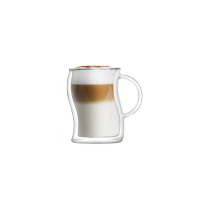 Szklanka do kawy z podwójną ścianką Vialli Design Bolla o falistym kształcie. Przezroczyste szkło ukazuje warstwową strukturę latte z mlekiem, kawą i pianką.