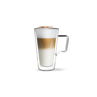Szklanka do latte z podwójną ścianką Vialli Design DIVA o pojemności 350 ml wypełniona trójwarstwową kawą z pianką i posypką, widoczna na białym tle.