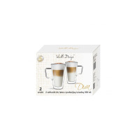Opakowanie dwóch szklanek do latte z podwójną ścianką Vialli Design Diva 350 ml. Białe pudełko z grafiką dwóch przezroczystych szklanek wypełnionych kawą latte.