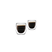 Dwie szklanki do espresso Vialli Design Sferico o pojemności 70 ml z podwójną ścianką, wypełnione czarną kawą, ustawione na białym tle.