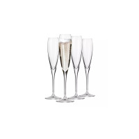 Cztery eleganckie kieliszki do szampana Perla marki Krosno Glass o pojemności 280 ml. Jeden z nich jest wypełniony musującym winem, pozostałe trzy są puste.
