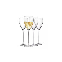 Zestaw czterech eleganckich kieliszków do wina Perla marki Krosno Glass o pojemności 280 ml. Jeden z nich wypełniony jest musującym, złotym trunkiem z