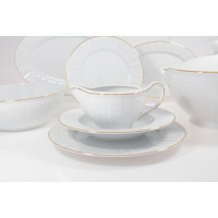 Elegancki serwis obiadowy Ćmielów G311 Oktawa dla 6 osób. Biała porcelana z subtelnym złotym zdobieniem, w tym sosjerka na talerzyku, waza i talerze na białym